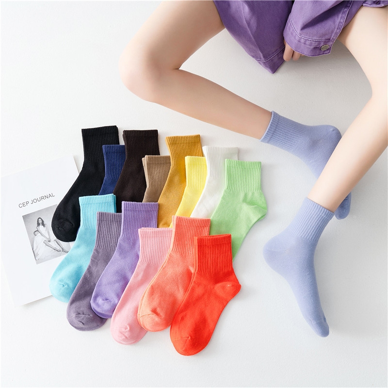 春夏新品纯色运动袜子 潮牌糖果色学生彩虹棉袜 低帮袜子女|ms