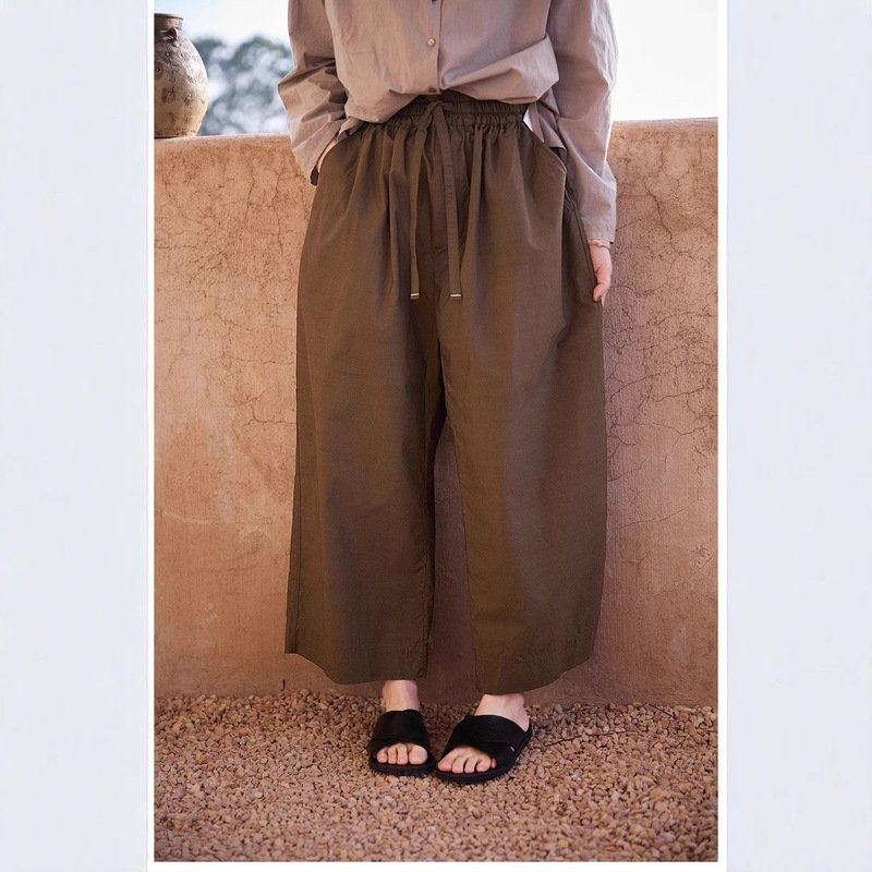 Summer New Style Retro Olive Green Original Wide-Leg Pants Pure Cotton Lightweight Loose Straight Casual Long Pants for Women