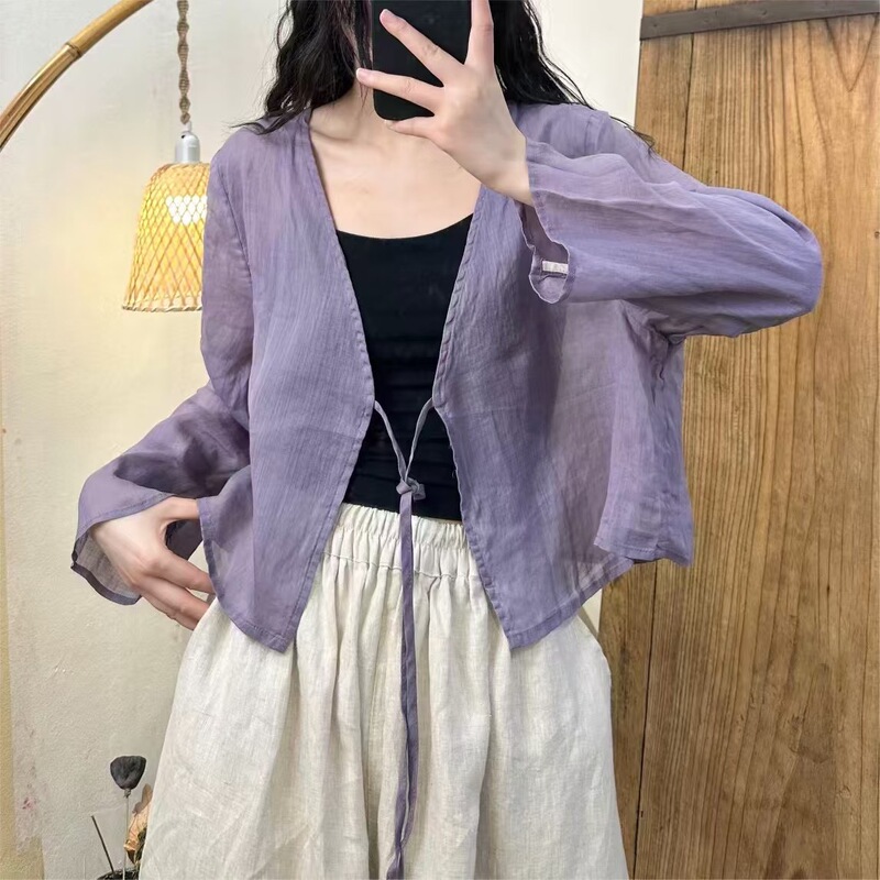 Chinese-style Ramie Shirt Women's Summer National Style Long-sleeved Lace-up Sunscreen Top Short Design Sense Thin Jacket