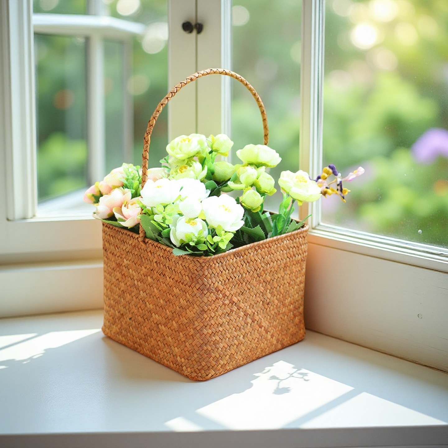 Cesta de arreglos florales tejida de algas marinas de estilo pastoral nórdico, tienda de dulces de boda, regalo de mano, canasta de mano, decoración, canasta de almacenamiento