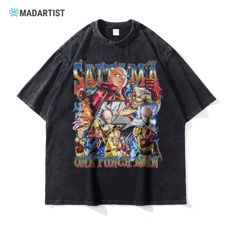 MADARTIST Anime One-Punch Man T-Shirt, Washed and Distressed Style, Saitama, Genos, Garou, Retro Anime Short-Sleeve