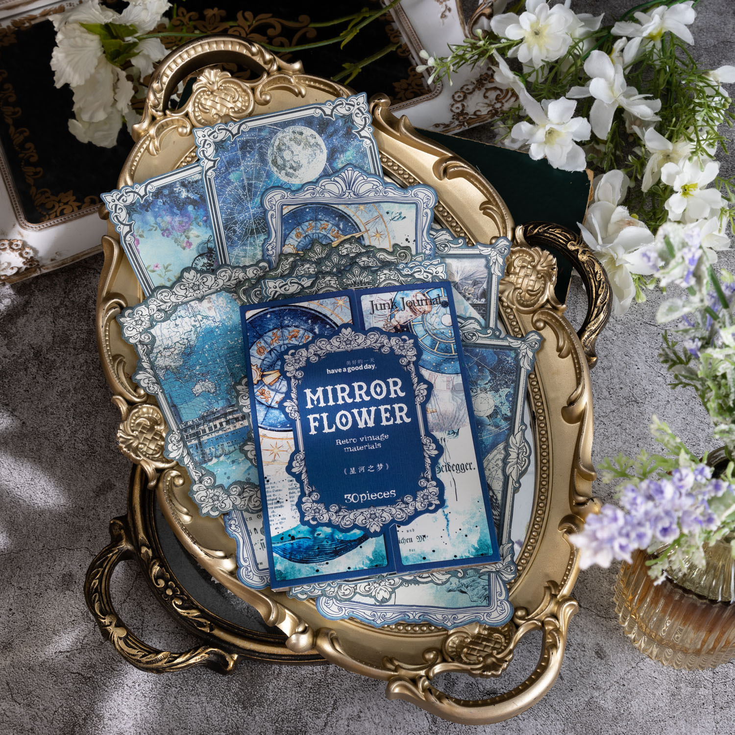 Hermoso día material espejo flor borde serie retro arte diario DIY decoración base 30 unidades 6 modelos