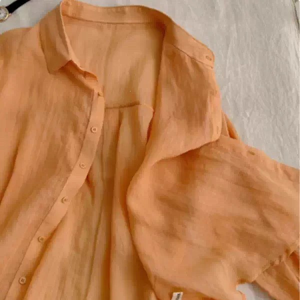 The Texture Is Absolutely Amazing!!! Pumpkin Orange Tencel Linen Shirt for Women, Loose Fit, Long Sleeve, Sun Protection Shirt for Petite Women