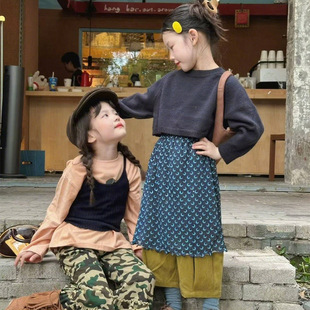 Girls Korean Style Autum New Short Pure Color Tops 2025 Skirts Loose Casual Wide Leg Pants Trendy Two-Piece Set