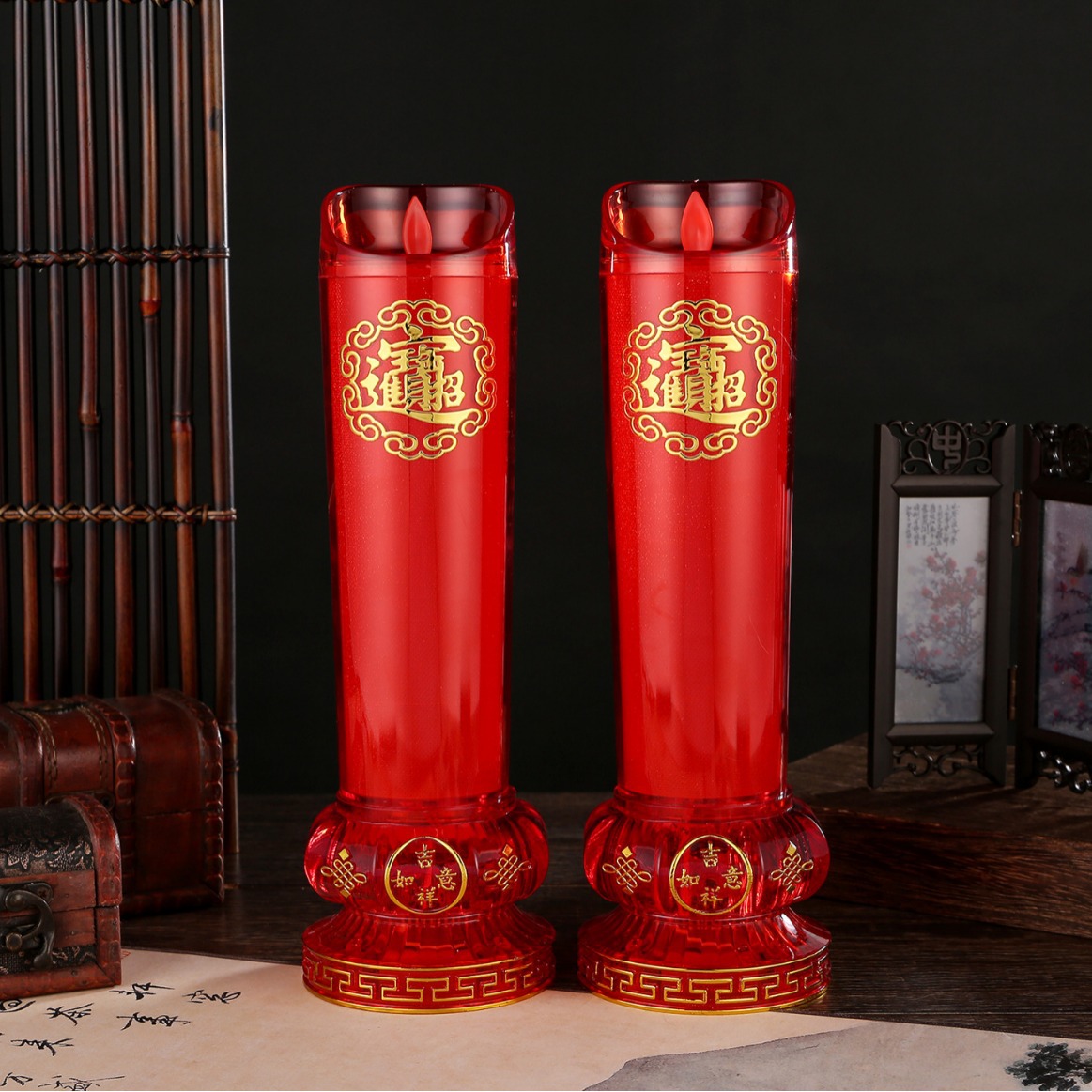 LED仿真招财电子蜡烛家用插电烛台财神长明灯摇摆火焰电池两用