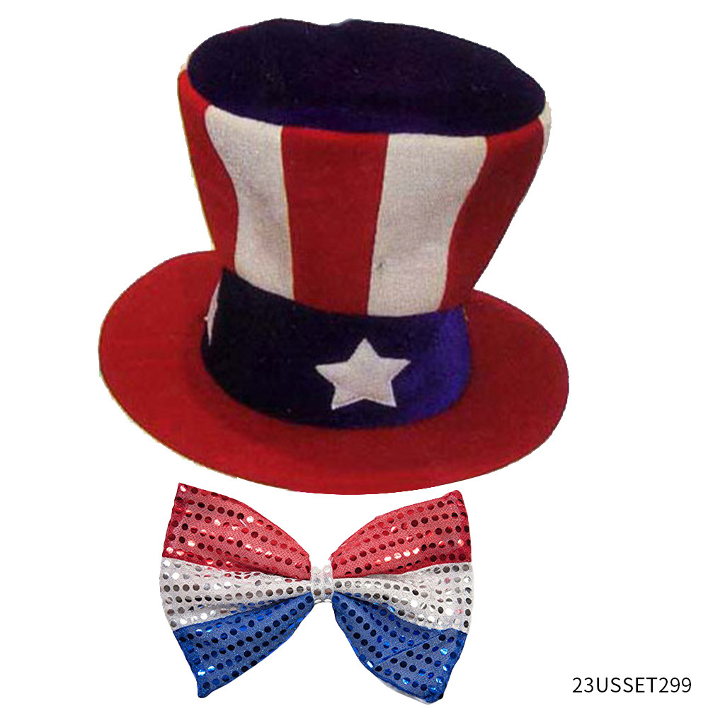 Sombrero de fiesta del Día de la Independencia de EE. UU., Sombrero de bandera nacional, Pajarita con lentejuelas, Sombrero de fiesta del tío Sam
