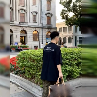 高版本巴黎前后面LOGO印花休闲宽松男女同款正确版B家圆领短袖T恤
