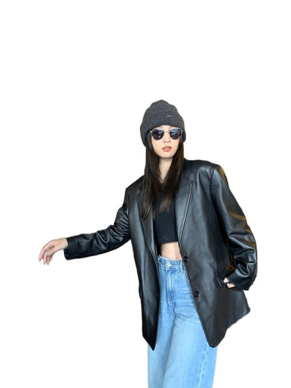 2025春秋新款设计感炸街复古黑色PU皮西装皮衣外套女宽松港风百搭|undefined