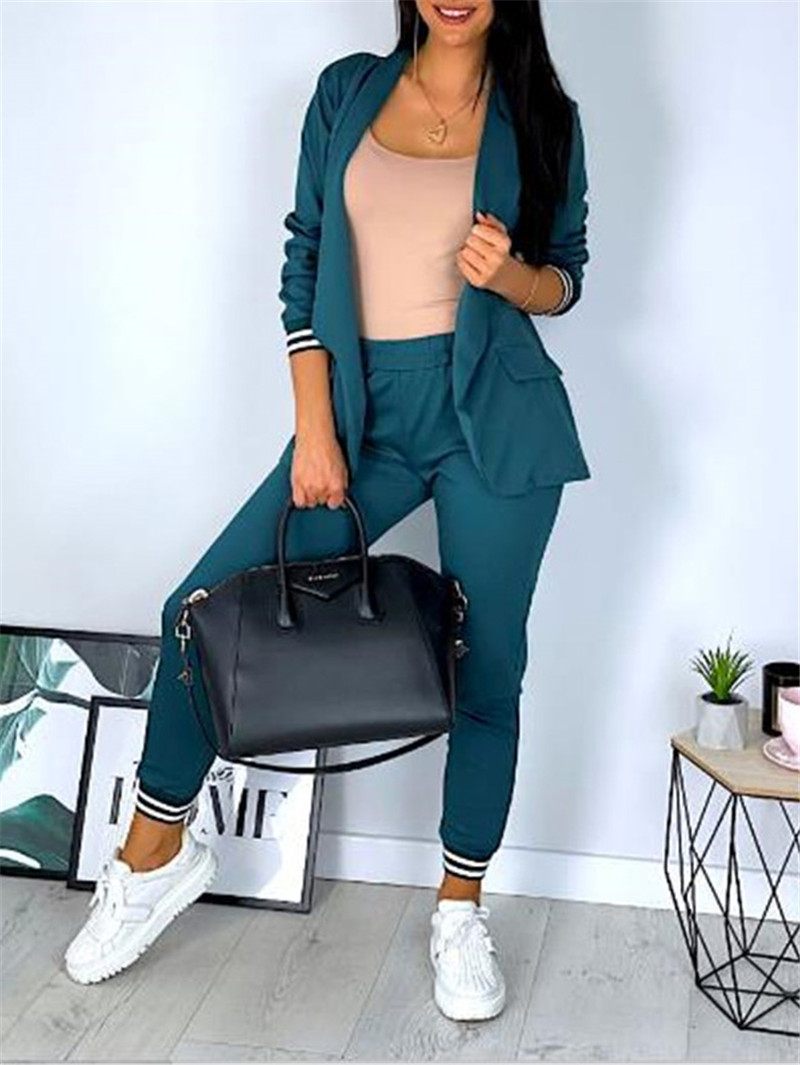 Women's clothing fashion suit casual solid color long-sleeved suit and trousers two-piece set_mkmklike.com