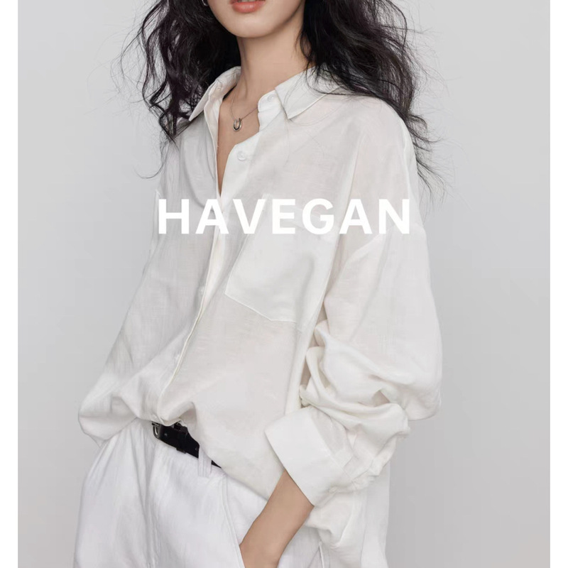 Havegan/Tencel Linen Loose Long-Sleeved Shirt for Women, Lazy Old Money Style 2025 New Sun Protection Top