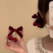 冬日氛围感樱桃红色蝴蝶结丝绒发夹女后脑勺半扎发刘海夹头饰发饰