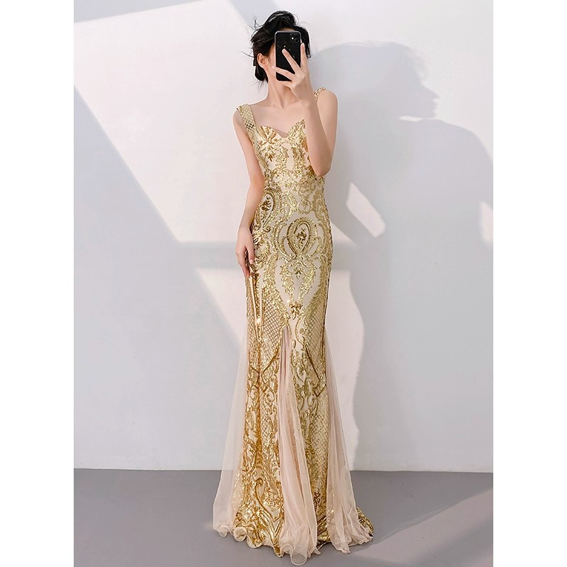 Gold Evening Dress for Women, High-End Banquet Style, Beautiful Host, Sequined Fishtail, High-End Accessible Luxury, Niche Flash