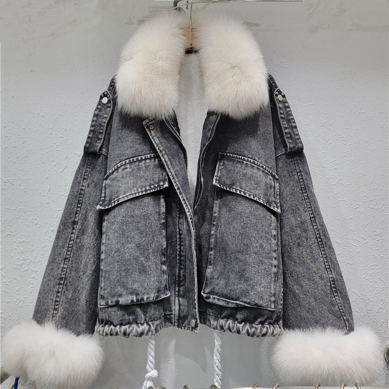 Jacket de vaqueros de cuello de lana real para mujeres más vello grueso otoño y invierno versátil 2025 nuevo estilo de moda suelta ropa de algodón de manga de murciélago coreana