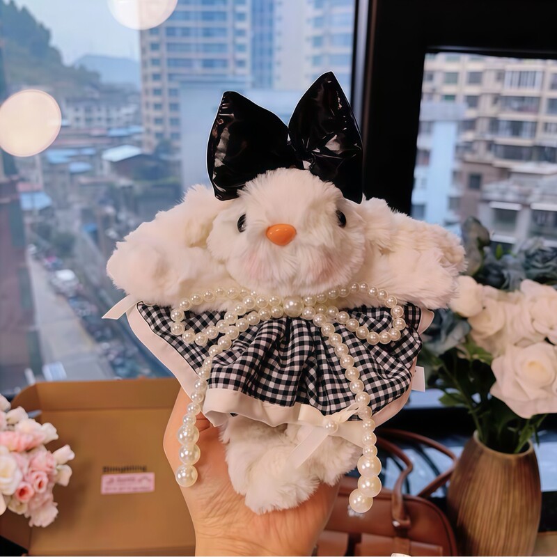 かわいい垂れ耳ウサギクマ黒チェック柄プリンセスドレス長耳ウサギ漫画おもちゃぬいぐるみ人形ペンダント|undefined