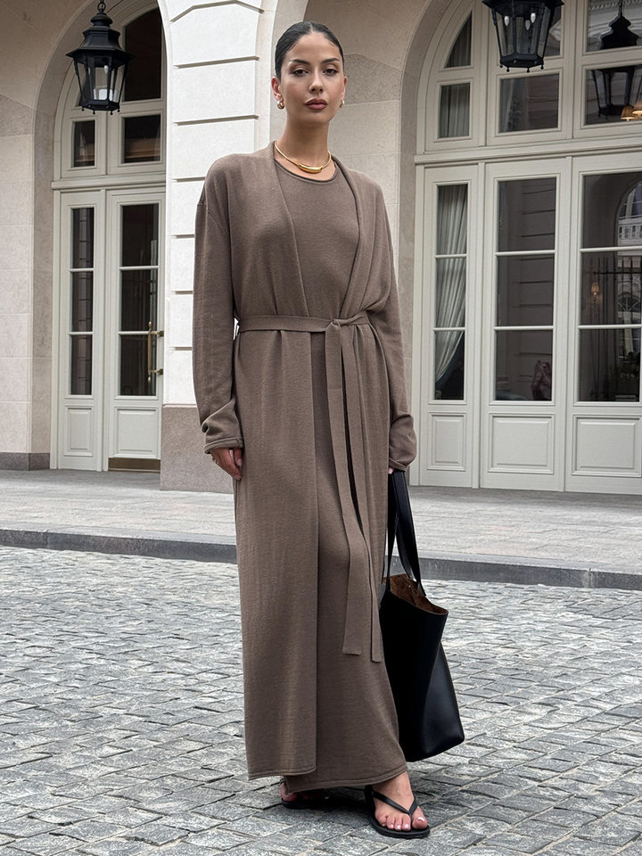 Bộ đầm dài kèm áo cardigan dệt kim dài tay nữ — Màu cà phê đậm, Màu hồng, Màu trắng, Màu xám chi tiết 125