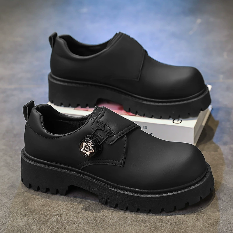 Обувь дерби мужские весенние толстые подошвы увеличенные кожаные туфли из спиральной пуговицы мужские черные туфли на больших головах 2025 весна