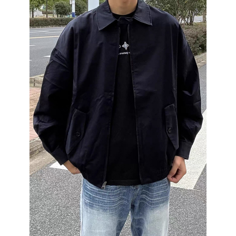 American retro-style work jacket with a lapel collar, unisex, autumn collection, trendy casual loose-fit Harrington-style bomber jacket
