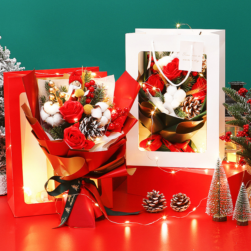 新款手提袋圣诞花花情人节伴手礼送女友创意鲜花包装玩偶花束批发