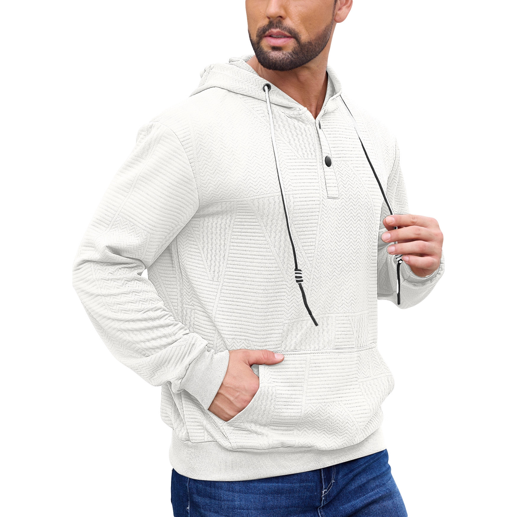 Nuevo transfronterizo Europa y América Amazon otoño y invierno hombre pesado botón de manga larga camisa encapuchada casual deportiva Jacquard