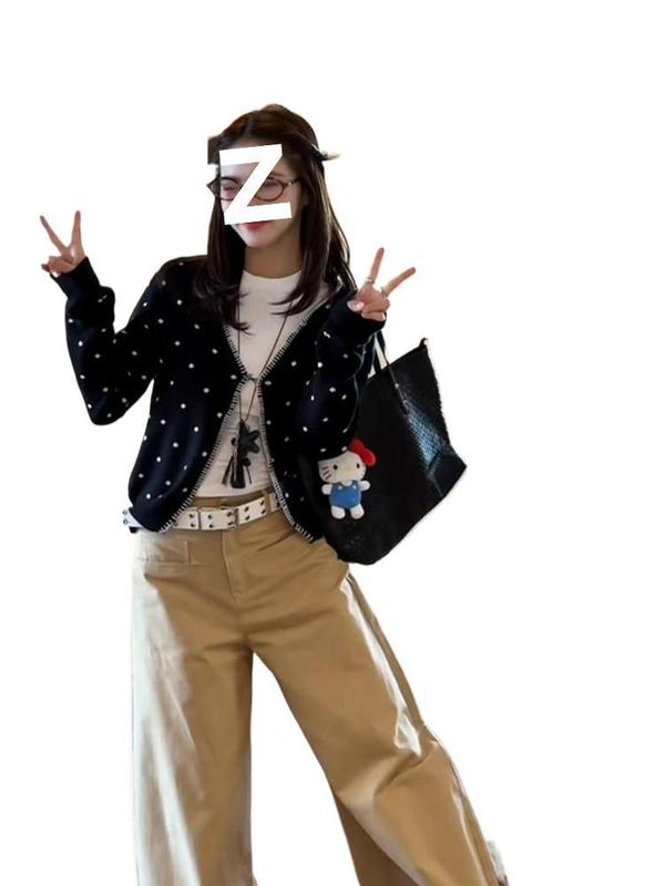 韩系波点软糯开衫毛衣外套女春秋小个子外搭显瘦黑色短款针织上衣|undefined