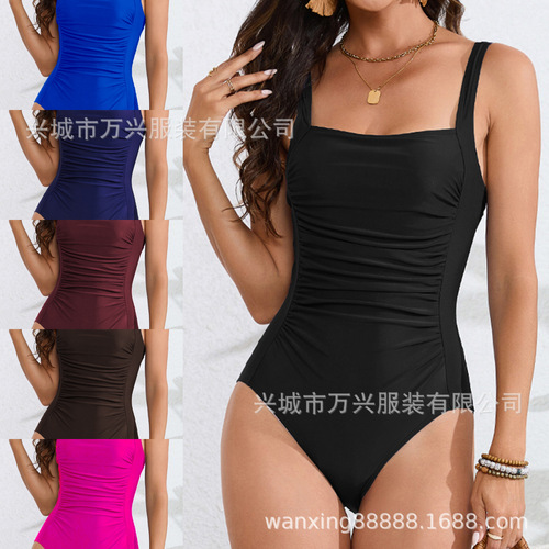  Plain Color New Hot Cross-border Amazon One-piece Swimsuit Sexy European and American Plain Color Shoulder Strap Loose Women
