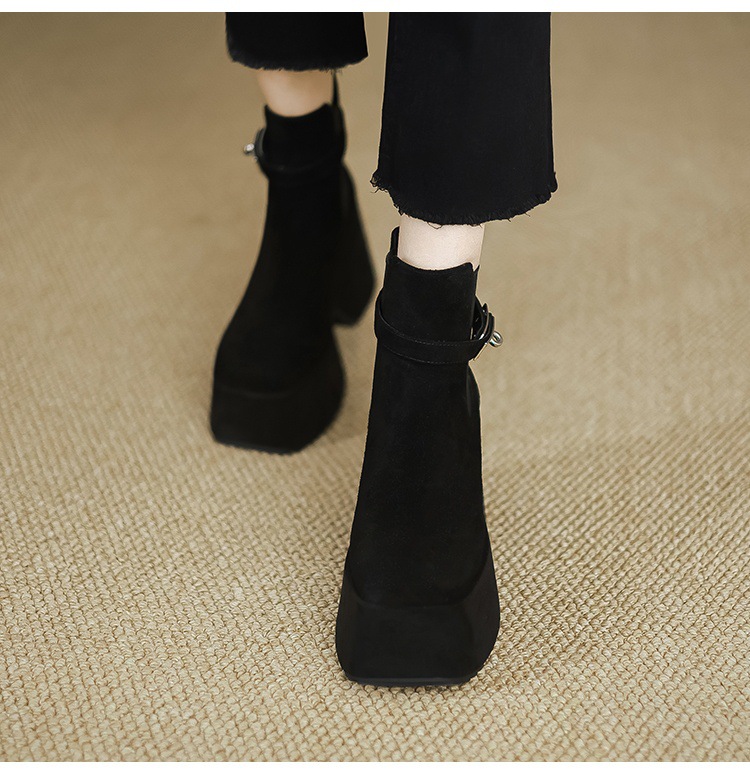 Boot Chelsea nữ cổ thun đế xuồng gót vuông mũi vuông phong cách bụi — Lót đơn màu hạnh chi tiết 13