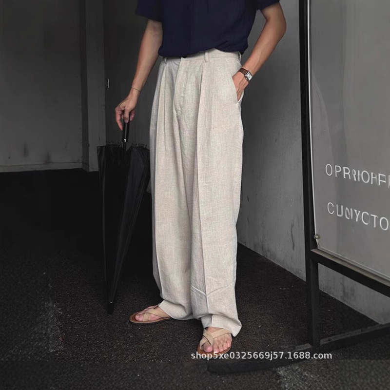 South Korea men's high-end cotton and linen suit pants men's light fiber texture pants designer wide leg casual trousers South Korea men's high-end cotton and linen suit pants men's light fiber texture pants designer wide leg casual trousers