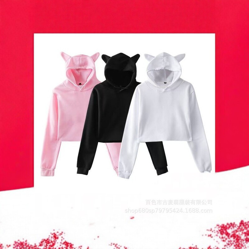 Factory direct sales, cross-border cat-ear sweatshirts with exposed navel, in stock, fashionable printed designs, personalized DIY, custom logo printing available Factory direct sales, cross-border cat-ear sweatshirts with exposed navel, in stock, fashionable printed designs, personalized DIY, custom logo printing available