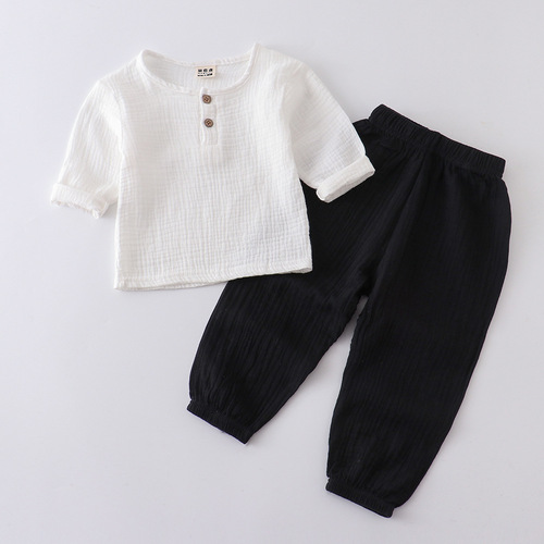 Children's spring and summer cotton and linen long-sleeved suits for boys and girls, thin solid color cotton gauze leggings, loose two-piece set wholesale