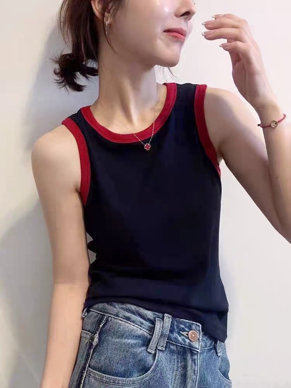 A118#夏季新款纯欲U领撞色拼接背心修身女一体式带胸垫百搭上衣|undefined