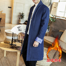 中国风男式风衣冬装新款时尚加绒中长款牛仔外套宽松道袍男士大衣