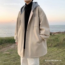 中长款毛呢大衣男秋冬装高级感连帽呢子风衣加厚潮牌情侣宽松外套