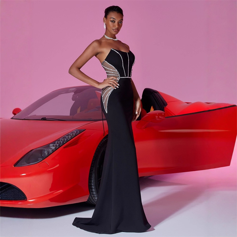 European and American New Elegant and Sexy Tube Top Sequined Evening Dress for Women's Banquet Elegant Slim Fishtail Skirt Slit Dress