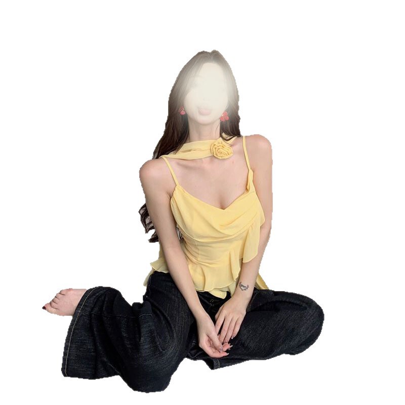 黄色立体花朵飘带荷叶边吊带女夏季纯欲风甜辣妹温柔夏日绝美上衣|undefined