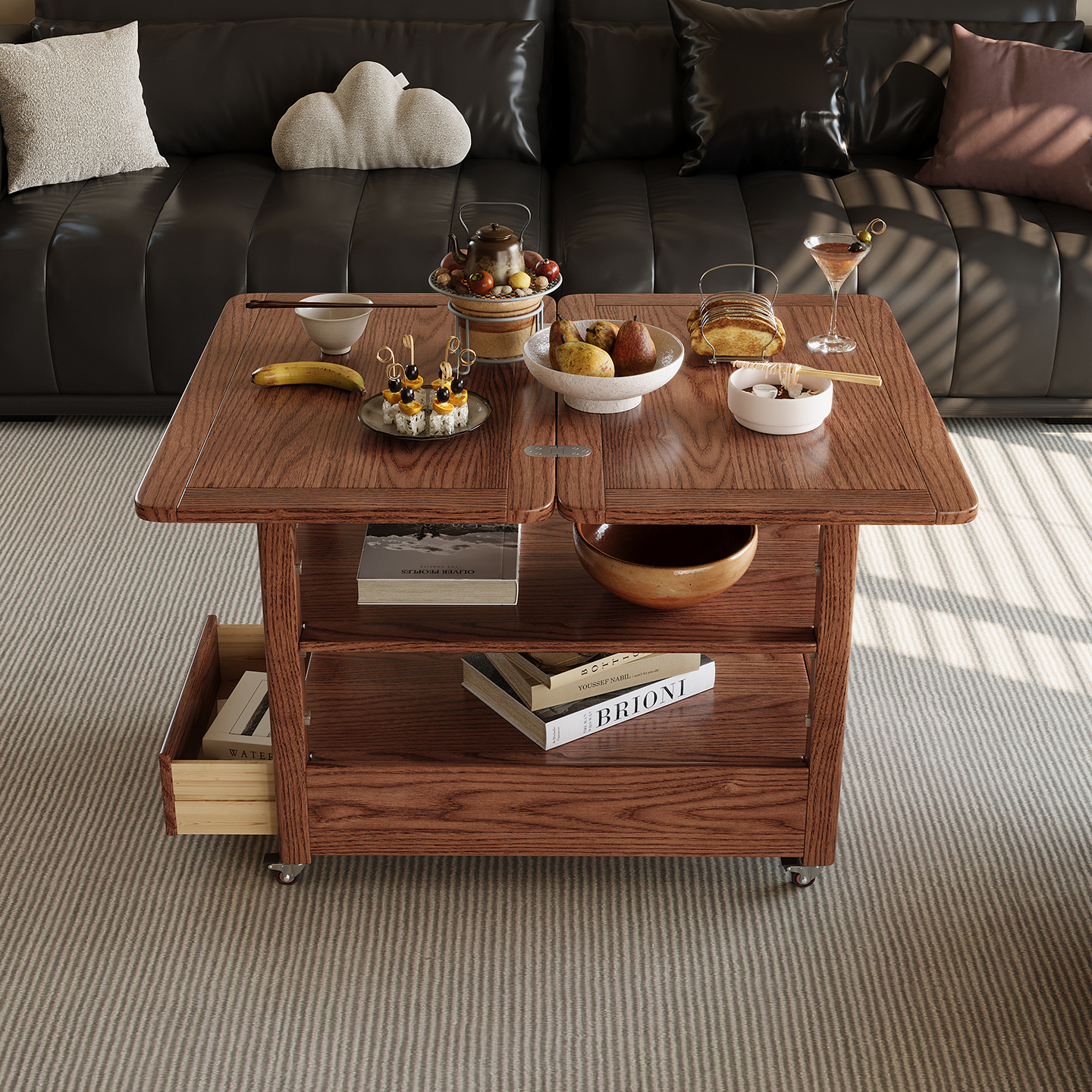 Walnut Solid Wood Side Table Multi-Functional Mobile Lift Coffee Table Small Apartment Living Room Folding Sofa Side Table