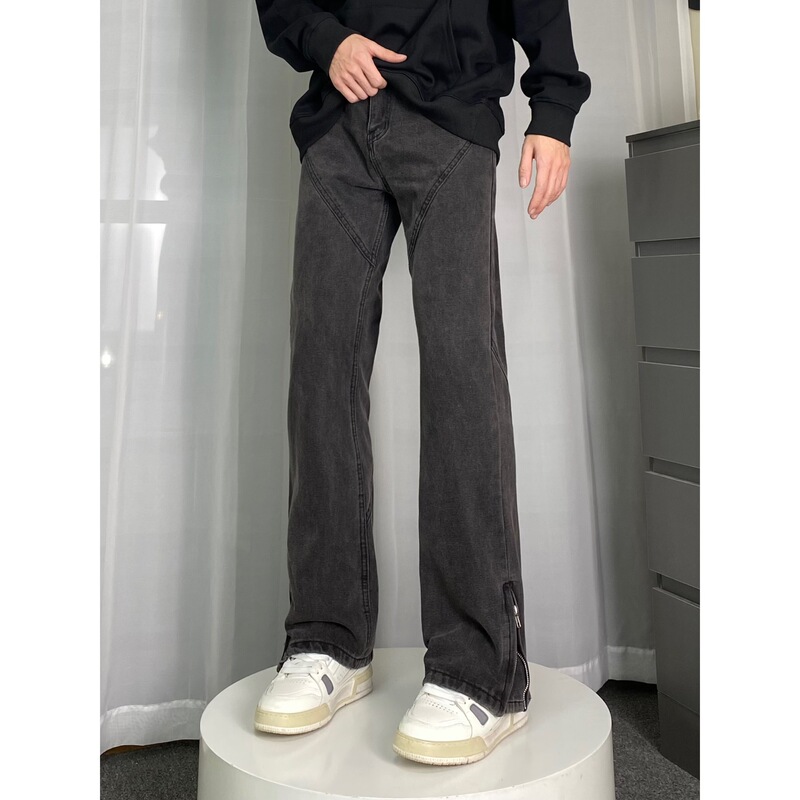 New American High Street Style Men's Jeans with Vibe Design, Zipper, Slightly Flared, Loose Straight-Leg Long Pants, Men's Retro Style