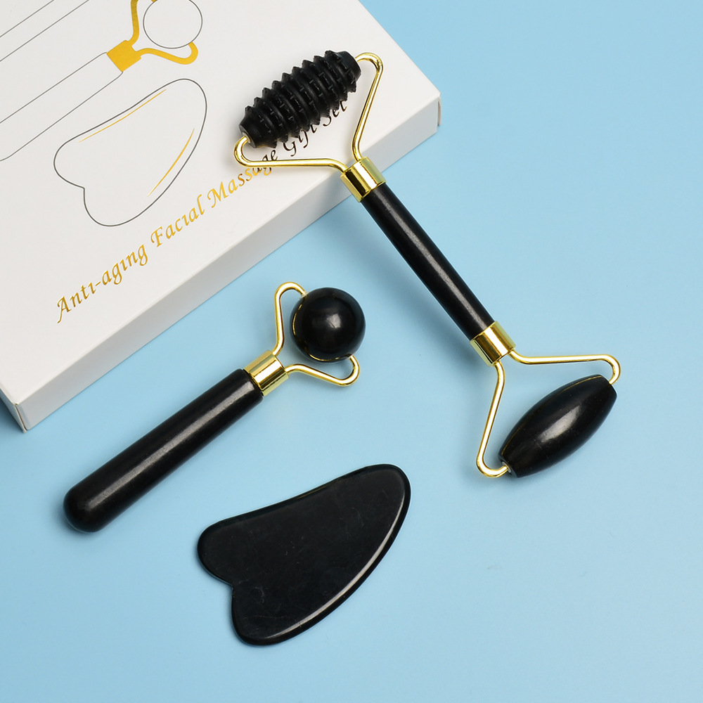黑砭石小眼美三件套手持圓珠按摩棒家用臉部身體護理美容按摩器