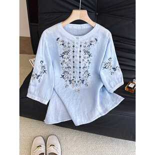 High-End Blue Ramie Top for Women Summer 2025 New Loose Heavy Embroider Unique and Beautiful Three-Quarter Sleeve Shirt