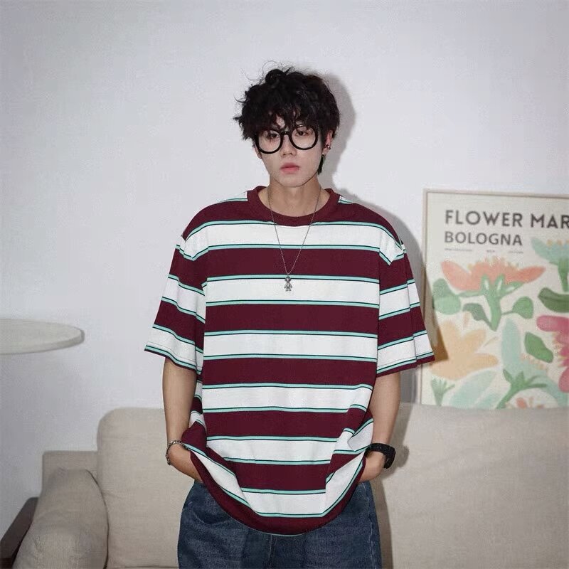Summer New American Style Striped Short-sleeved T-shirt Boys Fashion Brand Handsome Couple Students Loose Round Neck Half-sleeved T-shirt