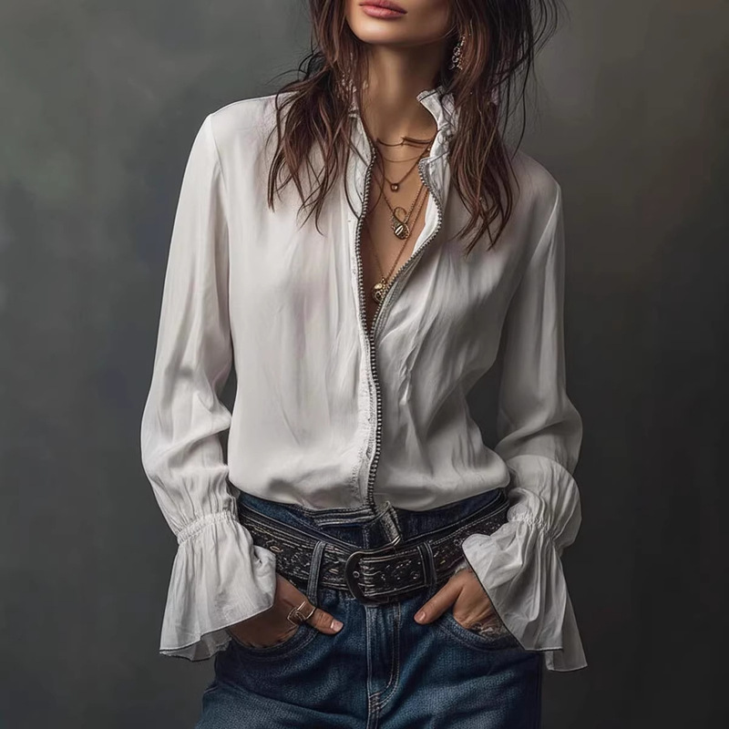 2026 Amazon Independent Site European and American Cross-Border Casual Vacation Western Bohemian Ruffle Sleeve Shirt for Women