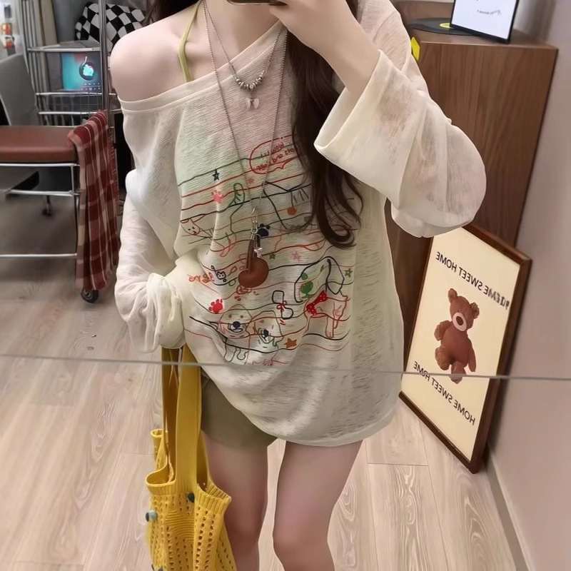 [공장 재고 있음] 게으른 스타일 낙서 프린트 얇은 자외선 차단 블라우스 여름 루즈한 오프숄더 긴팔 티셔츠