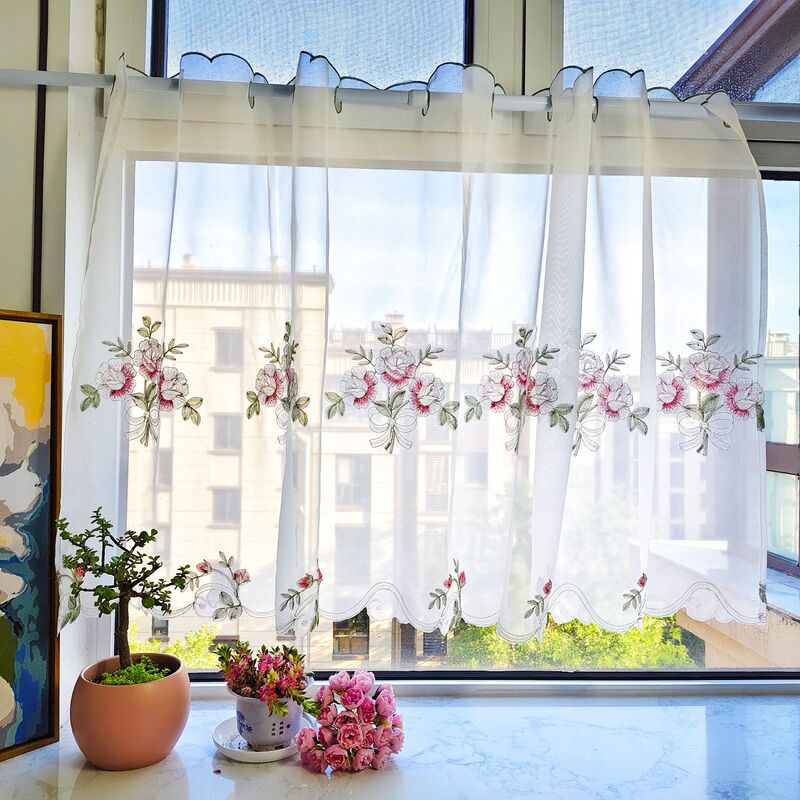 嫣然 立体绣花特丽纶成品窗帘厨房窗纱咖啡帘半帘  厂家批发|undefined