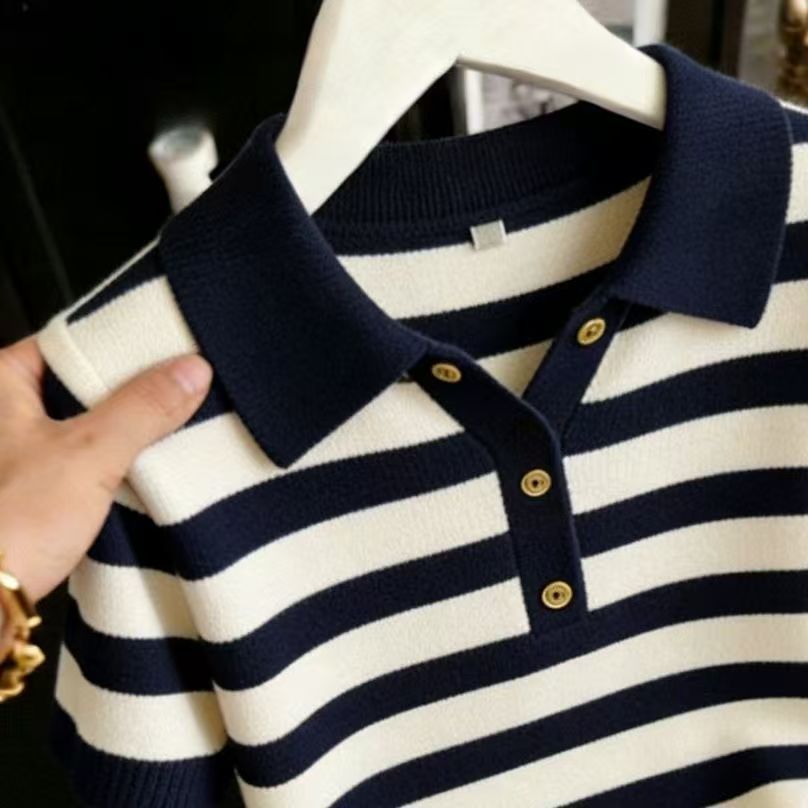Women's Striped Collared Knit T-shirt Plus Size Loose Summer Top_voghion.com