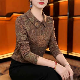 秋季新款印花长袖T恤女翻领宽松显瘦中老年妈妈装洋气时尚上衣