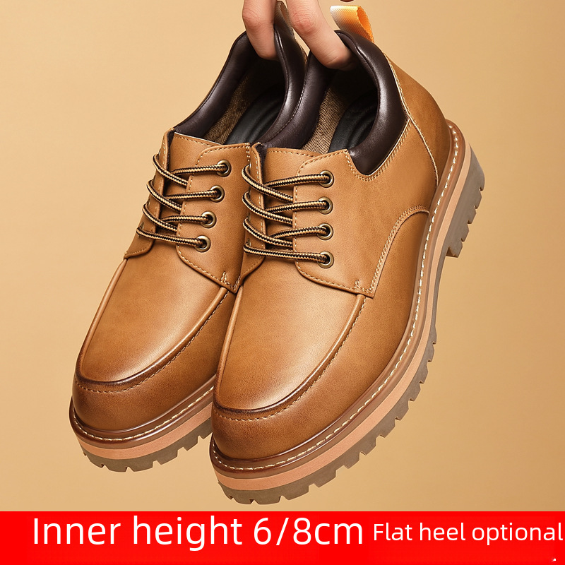 新款戶外休閒工裝鞋男8cm內增高大頭皮鞋男士真皮防滑潮流鞋子