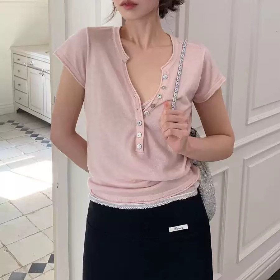 梵隼·XH 韩系设计感系扣针织上衣东大门夏季新款亨利领短袖T恤女