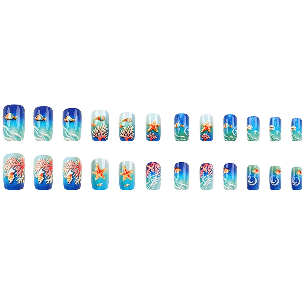 Transfronterizos 3D ambientes marinos tridimensionales Uña de verano 24 piezas de uñas falsas mezcladas image 6
