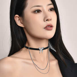 时尚choker皮质项圈潮链条蝴蝶颈链双层叠戴小众项链甜酷辣妹饰品