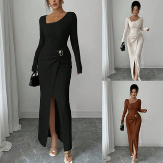跨境外贸欧美女装2026春夏时尚修身包臀裙开叉方领长袖针织连衣裙