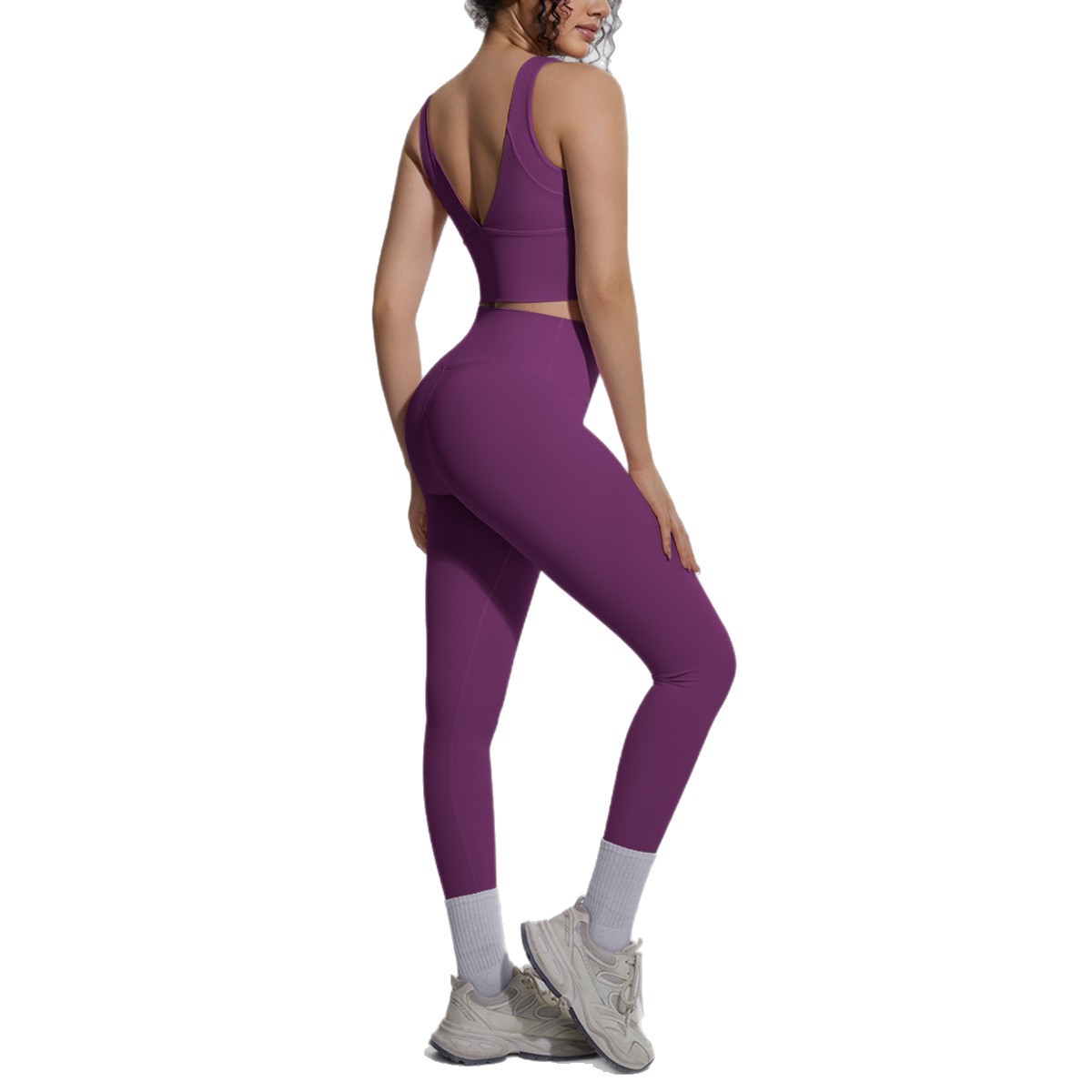 Cross-border sólido doble cara brocado en forma de V belleza trasera ventilada ropa de yoga ajustada juego deportivo correr fitness dos piezas juego de mujeres